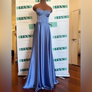 Lex's Elegant Smokey Blue Satin Prom Dress